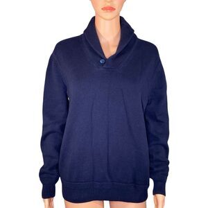 British Khaki Navy Blue Women's Sweater Size Medium High Neck Button Detail